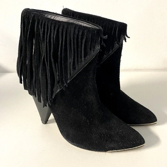 IRO Xabea Black Suede Leather Bootie Ankle Boot Fringe Point Toe Cone He…